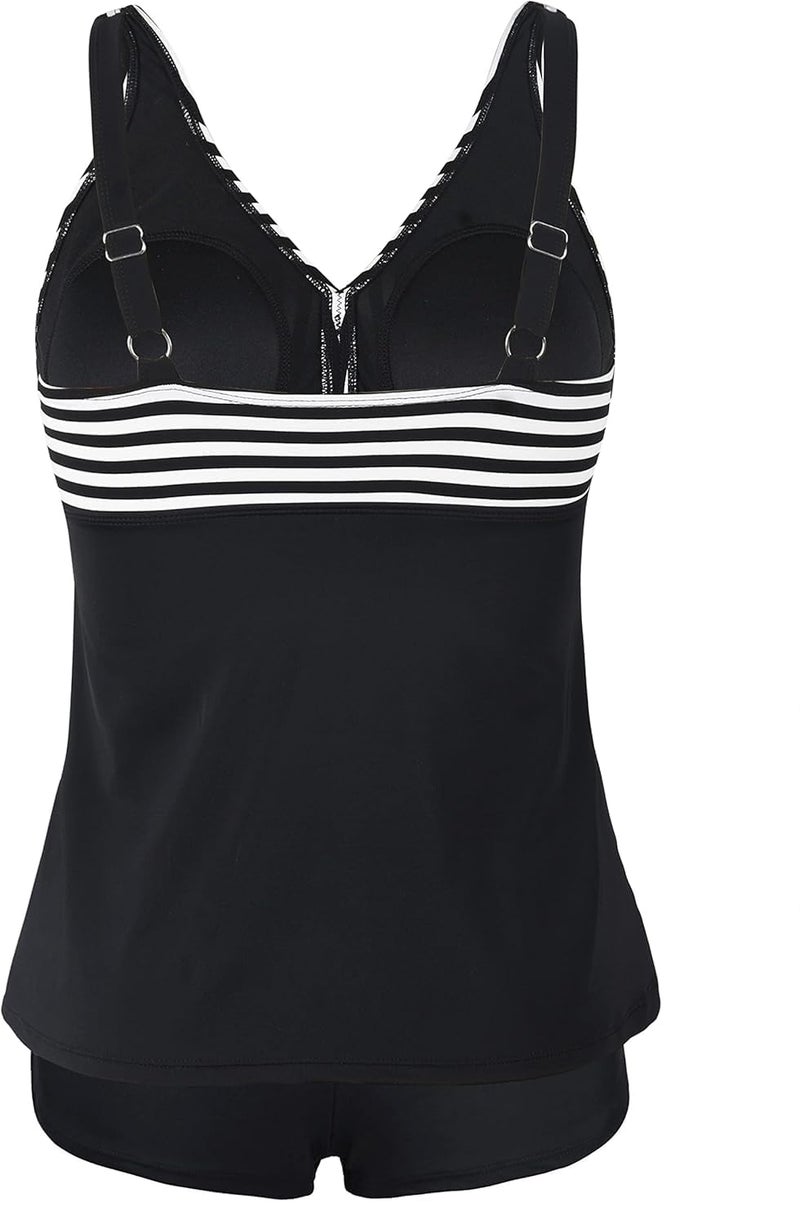Septangle Push Up Bathing Suits for Women Ruched Cross Front Modest Swimsuit Athletic Swimming Suit for Big Busted Black&White Stripe,US16 - Image 3